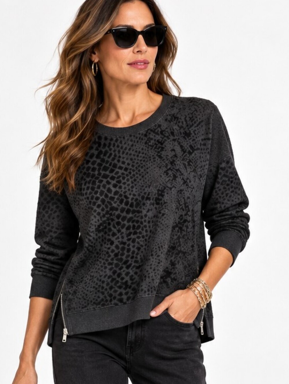 Rails Marlo Zip Flocked Black Animal Print Sweatshirt